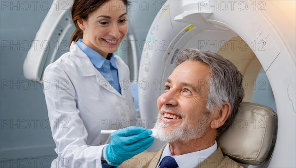 AI generated, RF, woman, woman, doctor, doctors, female doctor, 30, 35, years, attractive, attractive, doctor's office, CT, scan, computer tomography, computer tomography, preventive care, health, smiles, beautiful teeth, generates a three-dimensional X-ray image, modern X-ray machine, X-rays, X-ray image, a patient, senior, seniors, man, 65, AI generated