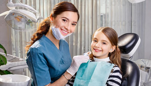 AI generated, dentist treats a little girl, dentist, blonde, 30, 35, years, dental treatment, follow-up, AI generated