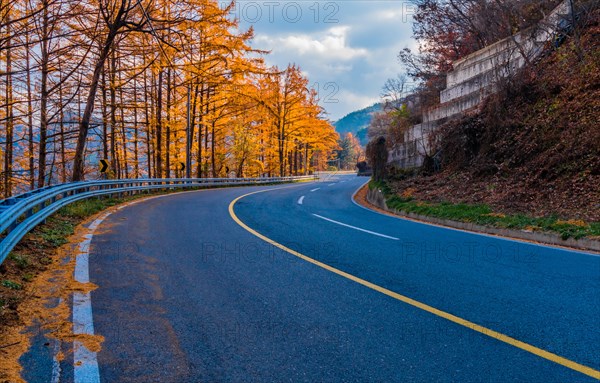 Three lane mountain road with slower traffic lane lined with trees in beautiful fall colors under a cloudy sky in South Korea