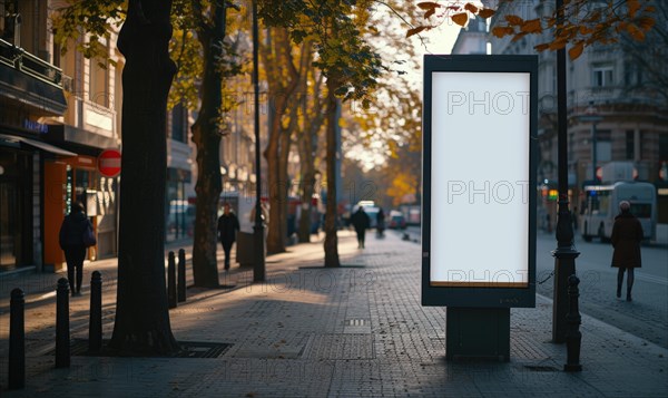 Blank street billboard on city street. Mock up of vertical advertising stand in the street AI generated