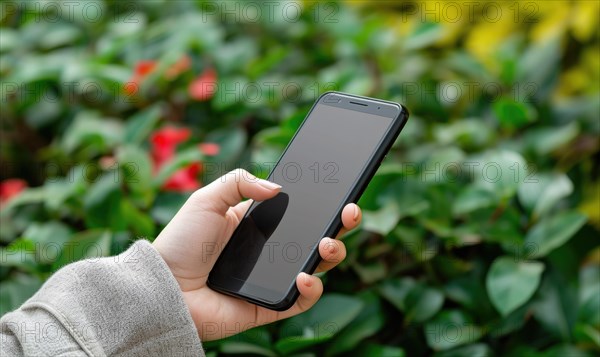 Female hand holding smart phone with blank screen and green leaves background AI generated