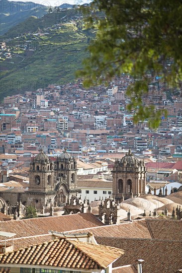 City view Cusco, in front the Cathedral of Cusco or the Cathedral Basilica of the Assumption of the Virgin Mary, on the left the Iglesia de la Compania de Jesus or Church of the Society of Jesus, Cusco, Province of Cusco, Peru, South America