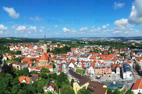 Aerial view of Dingolfing with a view of the historic town centre. Dingolfing, Lower Bavaria, Bavaria, Germany, Europe