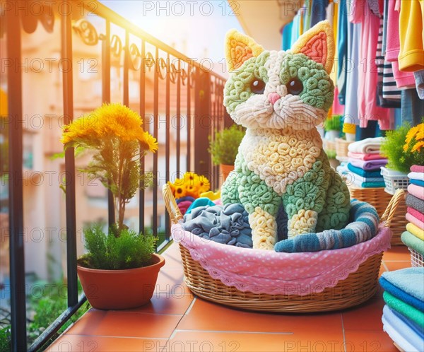 A textured knit cat sculpture made of cloth in a basket on a sunny balcony next to a potted plant, AI generated