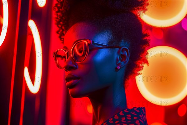 Woman with large glasses illuminated by high-contrast neon lights in red and blue in a nightclub, AI generated, AI generated