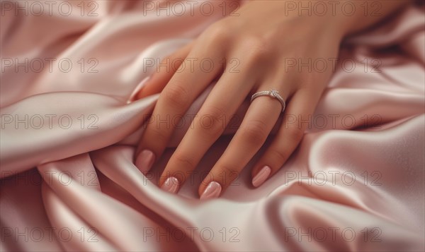 Softly resting hand with a shimmering ring on a pink silk textile conveys tenderness AI generated