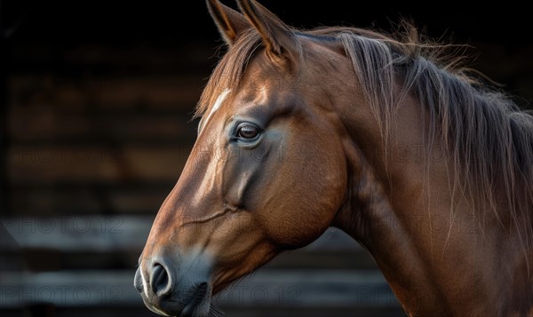 Close-up of a brown horse's profile with a flowing mane against a blurred background AI generated
