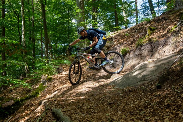 Mountain biker negotiates a tight hairpin bend in the Pfaelzerwald mountain bike park near Dahn