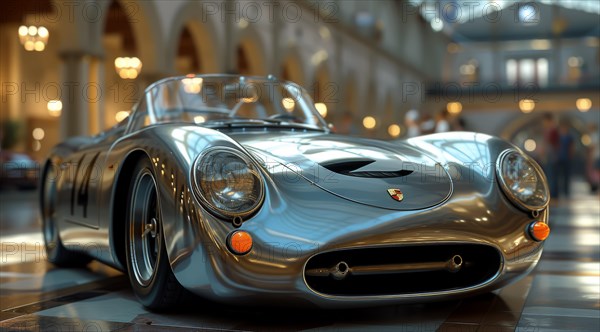A shiny silver vintage Porsche displayed in a luxurious indoor setting with warm lighting, ai generated, AI generated