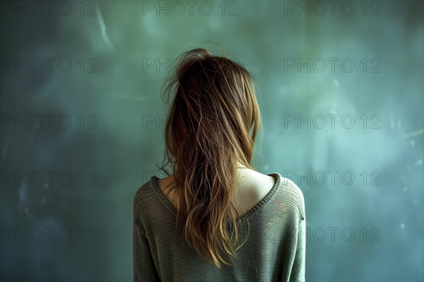 The image of a young woman from behind, surrounded by shades of green, creates a bleak atmosphere, symbolising depression and abuse, AI generated, AI generated