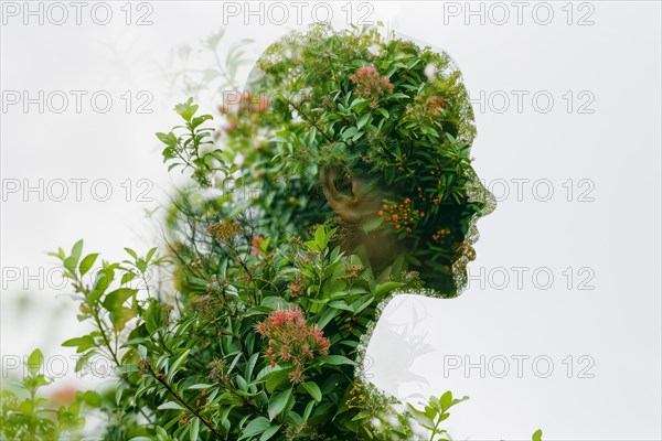 Profile of a lady in double exposure with green leaves and red flowers, symbolic image for environmentally conscious living, AI generated, AI generated