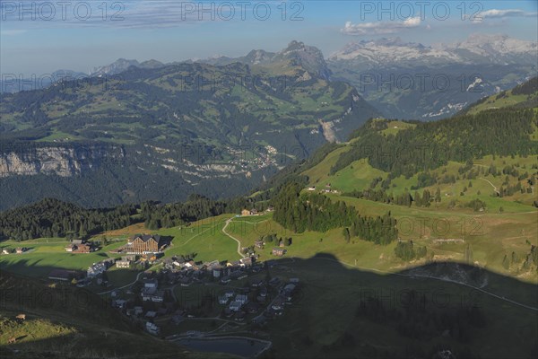 View from Fronalpstock to Stoos, Schwyz, Switzerland, Stoos, Schwyz, Switzerland, Europe