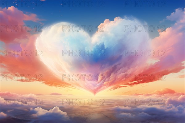 Painting of a heart-shaped cloud illuminated by the warm hues of sunset, floating above a serene sea of clouds. For love, romance, tenderness and Valentine day design, AI generated