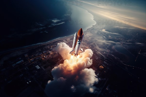 Aerial view of a rocket shuttle carrier launch at sunrise over an ocean coast. The rocket is blasting off with a trail of smoke and flames behind it, AI generated