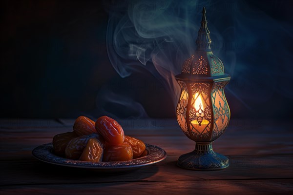 Ramadan lantern to a plate of succulent figs on dark background, set on an ornate table with intricate designs, evoking the rich traditions and serene moments of the holy month, AI generated