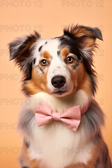 Australian Shepherd dog with pink bowtie. KI generiert, generiert AI generated