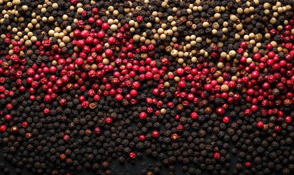 Red, black, white and pink peppercorns on black background AI generated