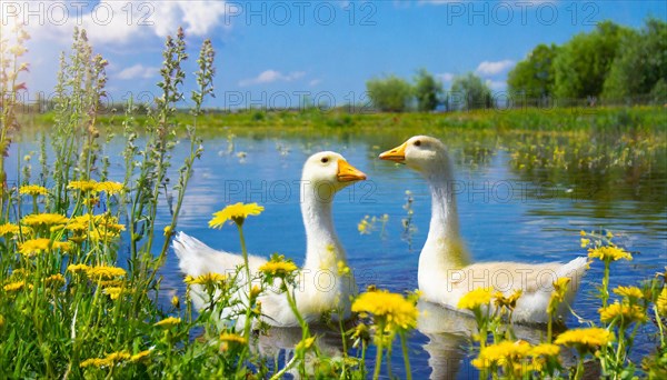 AI generated, animal, animals, bird, birds, biotope, habitat, one, individual, foraging, wildlife, goose, domestic goose, domestic geese, (Anser anser), female, gosling, gosling, yellow gosling, swim, pond, body of water, water, lie, meadow, flowers, summer, two, three, four, pet, domestic animals, farm animal, farm animals