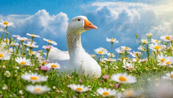 AI generated, animal, animals, bird, birds, biotope, habitat, one, individual, foraging, wildlife, goose, domestic goose, domestic geese, (Anser anser), female, gosling, gosling, yellow gosling, swim, pond, body of water, water, lie, meadow, flowers, summer, two, three, four, pet, domestic animals, farm animal, farm animals