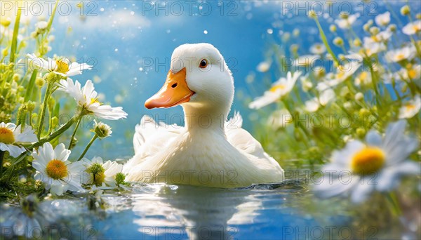 AI generated, animal, animals, bird, birds, biotope, habitat, one, individual, foraging, wildlife, goose, domestic goose, domestic geese, (Anser anser), female, gosling, gosling, yellow gosling, swim, pond, body of water, water, lie, meadow, flowers, summer, two, three, four, pet, domestic animals, farm animal, farm animals