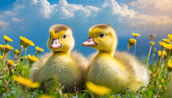 AI generated, animal, animals, bird, birds, biotope, habitat, one, individual, foraging, wildlife, goose, domestic goose, domestic geese, (Anser anser), female, gosling, gosling, yellow gosling, swim, pond, body of water, water, lie, meadow, flowers, summer, two, three, four, pet, domestic animals, farm animal, farm animals