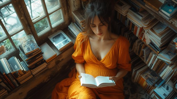 Pregnant Mediterranean woman rests and reads in a bookstore, AI generated