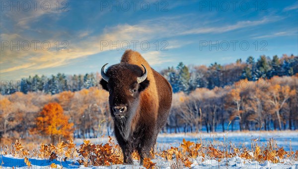 AI generated, animal, animals, mammal, mammals, biotope, habitat, one, individual, foraging, wildlife, bison, North America, Buffalo, wild cattle, (Bison bonasus), autumn, autumn leaves, early winter, snow