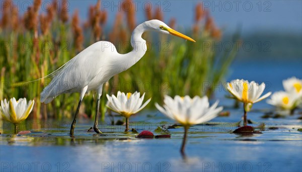 KI generated, animal, animals, bird, birds, biotope, habitat, one, individual, water, reeds, water lilies, blue sky, foraging, wildlife, summer, seasons, great egret, (Adrea alba, Syn: Casmerodius albus, Egretta alba)