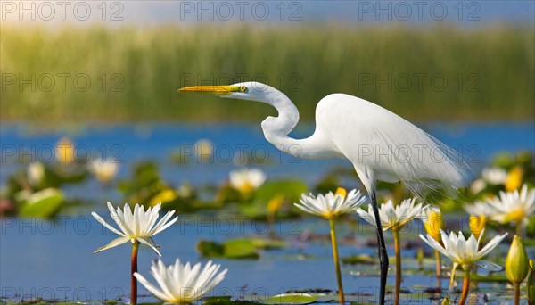 KI generated, animal, animals, bird, birds, biotope, habitat, one, individual, water, reeds, water lilies, blue sky, foraging, wildlife, summer, seasons, great egret, (Adrea alba, Syn: Casmerodius albus, Egretta alba)