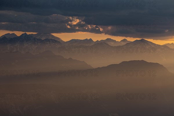 Thunderstorm mood over mountains, backlight, summer, view from Schlern to Ortler group, Dolomites, South Tyrol, Italy, Europe