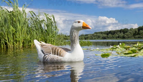 Ai generated, animal, animals, bird, birds, biotope, habitat, an, individual, swims, waters, reeds, water lilies, blue sky, foraging, wildlife, summer, seasons, domestic goose, geese, geese, geese birds, (Anser anser)