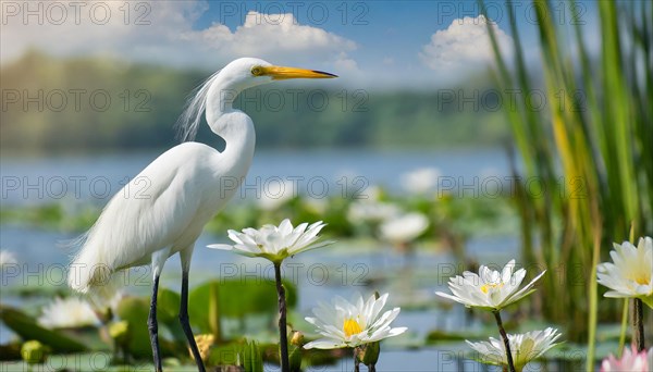 KI generated, animal, animals, bird, birds, biotope, habitat, a, individual, water, reeds, water lilies, blue sky, foraging, wildlife, summer, seasons, cattle egret (Bubulcus ibis)