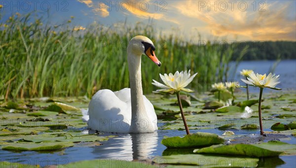 Ai generated, animal, animals, bird, birds, biotope, habitat, a, individual, swims, waters, reeds, water lilies, blue sky, foraging, wildlife, summer, seasons, mute swan (Cygnus olor)