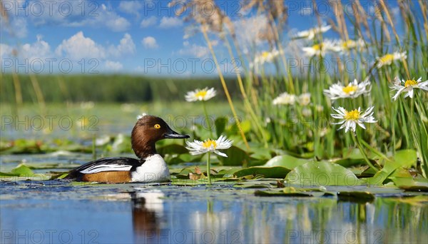 KI generated, animal, animals, bird, birds, biotope, habitat, a, individual, swims, water, reeds, water lilies, blue sky, foraging, wildlife, summer, seasons, northern shoveler (Spatula clypeata), female