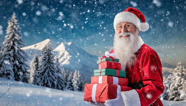 AI generated, man, 70+, Father Christmas, red coat, backpack, full beard, winter, snow, ice, fir trees, snowy, snowflakes, winter landscape, Christmas hat, costume, clothes, colourful, colourful presents, packages, nice teeth, smiles, friendly, Christmas, evening, night shot, winter forest