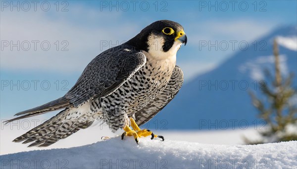 KI generated, animal, animals, bird, birds, biotope, habitat, one, individual, stands, snow, ice, winter perch, summer, peregrine falcon (Falco peregrinus) blue sky