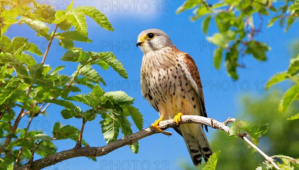 KI generated, animal, animals, bird, birds, biotope, habitat, a, individual, perches, branch, common kestrel (Falco tinnunculus)