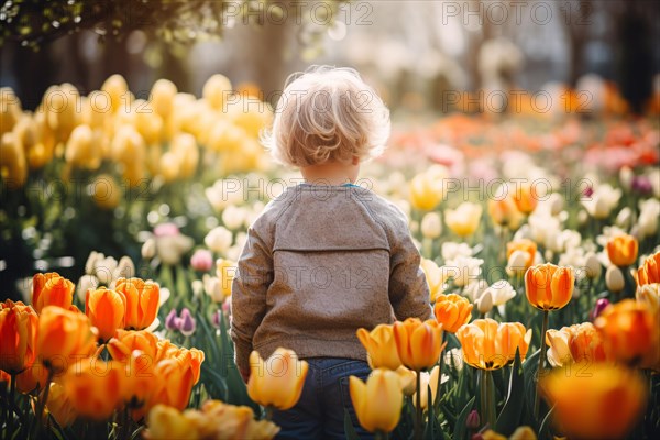 Back view of young child between colorful spring tulip flowers. KI generiert, generiert AI generated