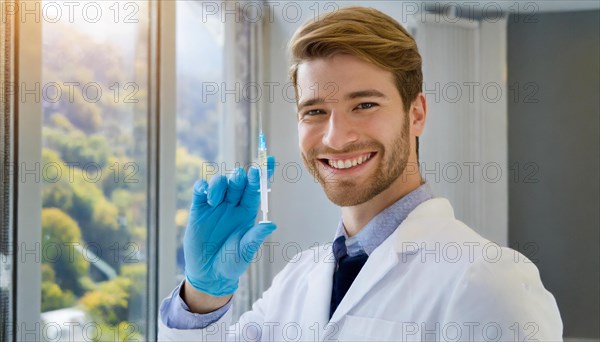 Ai generated, RF, man, men, doctor, doctors, 30, 35, years, attractive, attractive, doctor's office, holds a syringe in his hand, disposable syringe, flu shot, corona, pneumococcus, prevention, health, smiles, beautiful teeth, bearded man