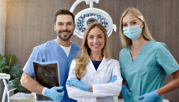 KI generated, RF, woman, woman, man, doctor, medical, medical team, team, 30+, years, attractive, attractive, medical practice, look at an x-ray, x-ray, examination, check-up, health, blond, blonde, blonde, beautiful teeth, long hair, beard bearer, three people