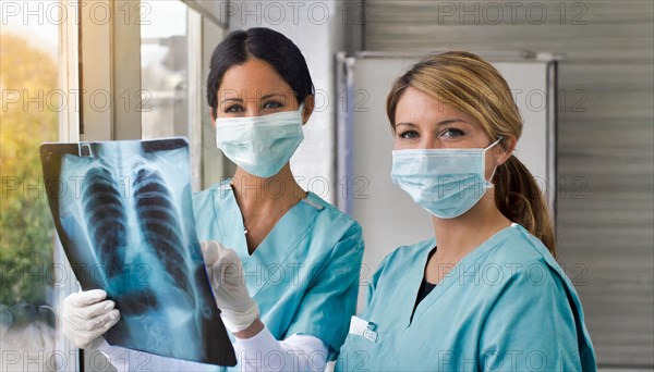 KI generated, RF, woman, woman, two, female, doctor, doctor team, team, 30+, years, attractive, attractive, doctor's office, look at an x-ray, x-ray, examination, check-up, health, blond, blonde, blonde, beautiful teeth, long hair, two people, two woman