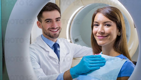 AI generated, RF, woman, woman, doctor, doctors, female doctor, 30, 35, years, attractive, attractive, doctor's office, CT, scan, computer tomography, computer tomography, preventive care, health, smiles, beautiful teeth, generates a three-dimensional X-ray image, modern X-ray machine, X-rays, X-ray image, patient, AI generated