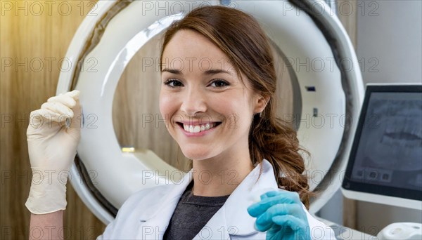 AI generated, RF, woman, woman, doctor, doctors, female doctor, 30, 35, years, attractive, attractive, doctor's office, CT, scan, computer tomography, computer tomography, preventive care, health, smiles, beautiful teeth, generates a three-dimensional X-ray image, modern X-ray machine, X-rays, X-ray image, AI generated