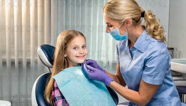 AI generated, dentist treats a little girl, dentist, blonde, 30, 35, years, dental treatment, follow-up, AI generated