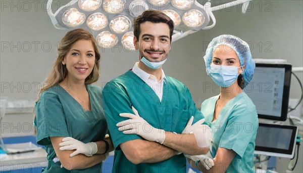 AI generated, RF, woman, woman, man, doctor, doctor team, team, 30, years, attractive, attractive, doctor's office, operating theatre, operating room, examination, prevention, health, blond, blonde, blonde, beautiful teeth, long hair, beard bearer, three people, two. woman, one doctor, AI generated