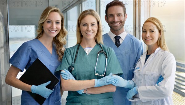 AI generated, RF, woman, woman, man, men, doctor, female doctor, 25, 30, years, attractive, attractive, doctor's office, holding an x-ray, precaution, health, blond, blonde, blonde, beautiful teeth, long hair, rounds, four, people, bearded, two men, two woman, AI generated