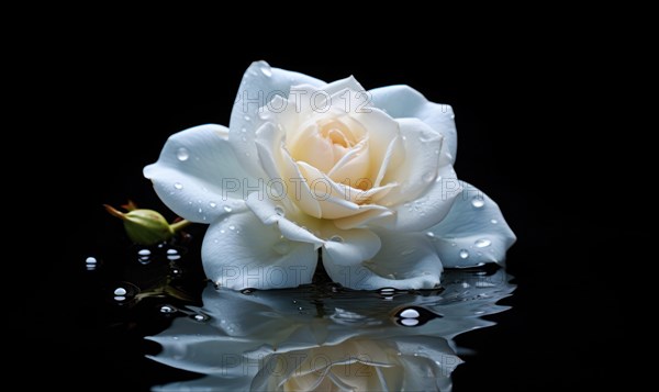 One white rose with delicate water droplets on a reflective surface and dark background AI generated