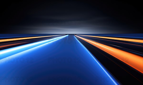 Futuristic abstract concept art of a glowing horizon with blue and orange neon lights, AI generated