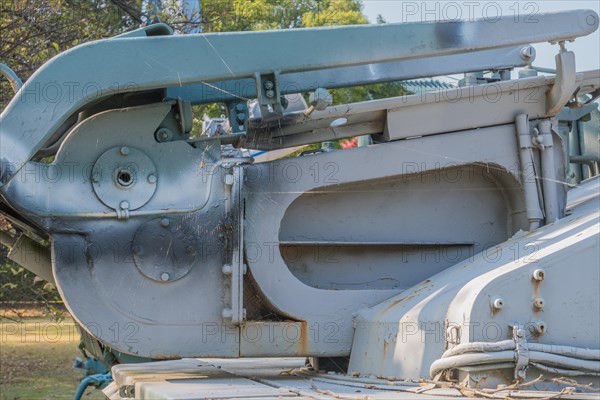 Shell loading tray assembly on military armored vehicle on display in public park