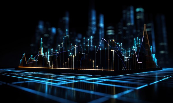 Cityscape with financial charts on a dark background AI generated